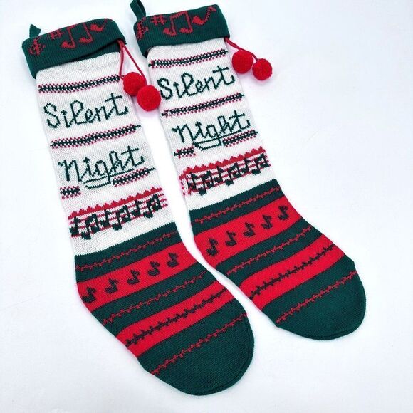 Vintage Knit Christmas Stockings 2 Pair Silent Night Music Notes Green Red - Picture 1 of 6